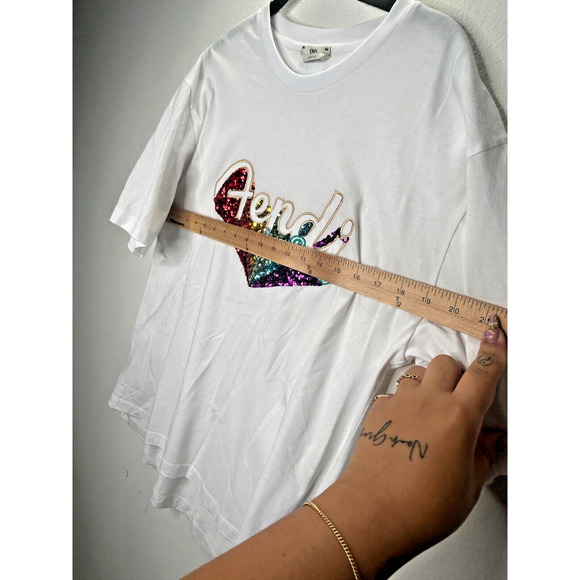 Fendi White Short Sleeve Round Neck Rainbow Sequined Fendi Roma Graphic Tee L - Picture 11 of 14